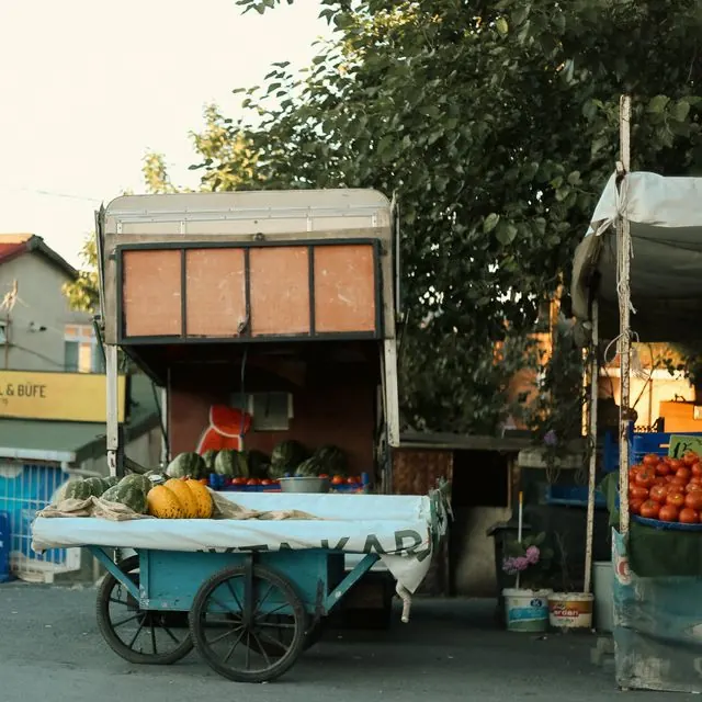 A market trader's cart at dusk